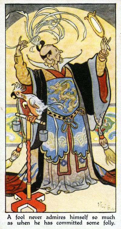 "En tåbe beundrer aldrig sig selv så meget, som når han har begået en tåbelighed", 1931 (se også 498209) af René Bull
